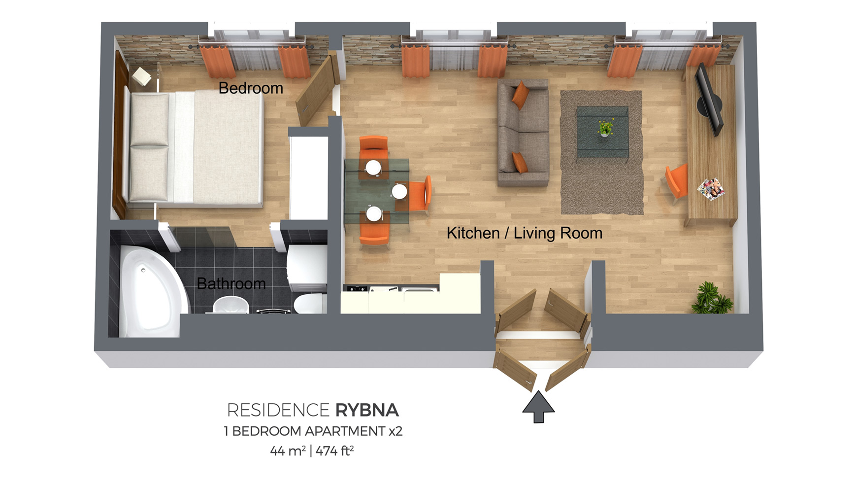 Floorplan of a one bedroom apartment type 2 in Residence Rybna