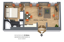 Floorplan of a one bedroom apartment type 2 in Residence Rybna