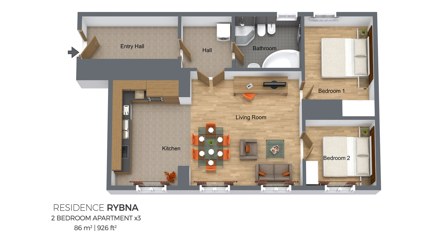 Floorplan of a two bedroom apartment type 3 in Residence Rybna
